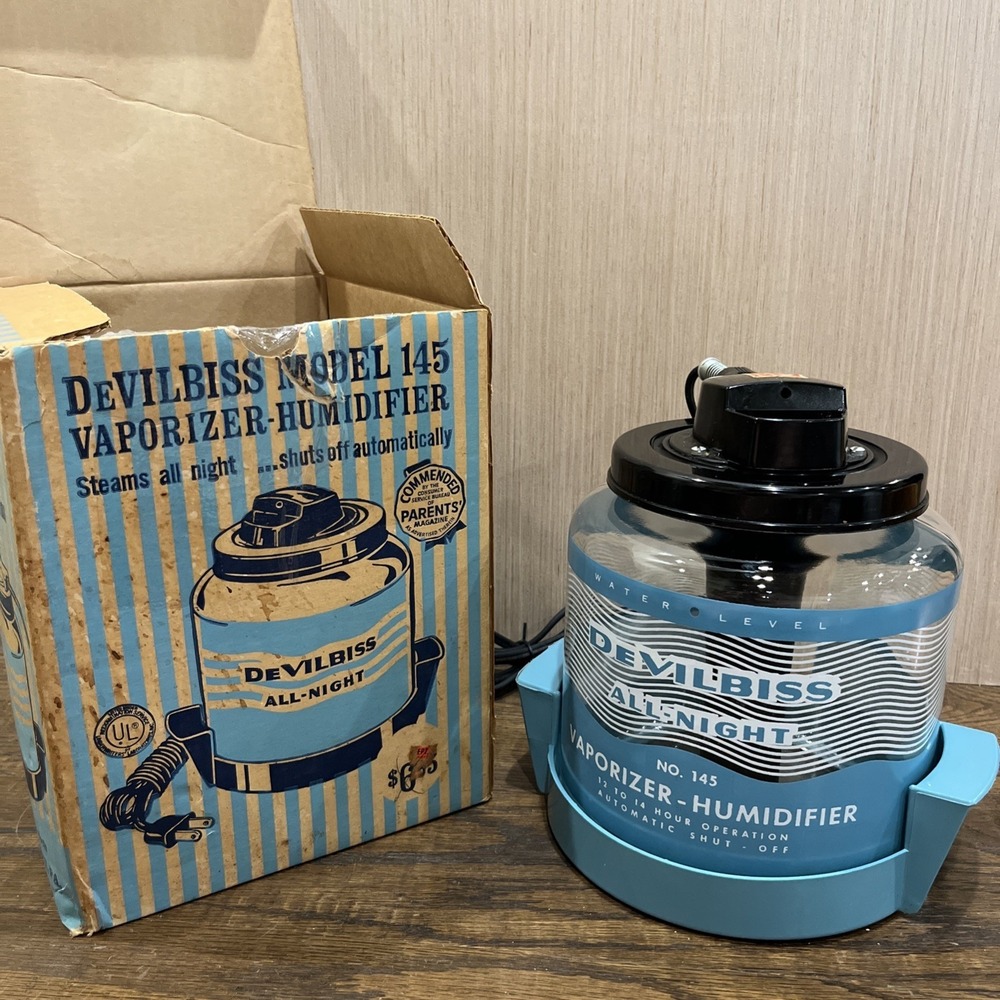 Vintage DeVilbiss No. 145 Vaporizer Humidifier Aqua Blue TESTED With Box 50s 60s